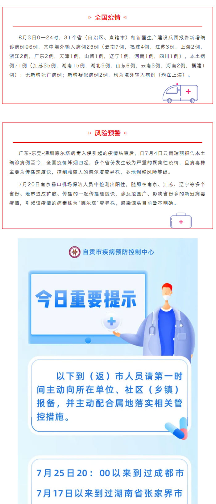 自贡疾控：高中风险地区增至142个 建议暂缓跨省、市出行！ 疫情防控每日提示